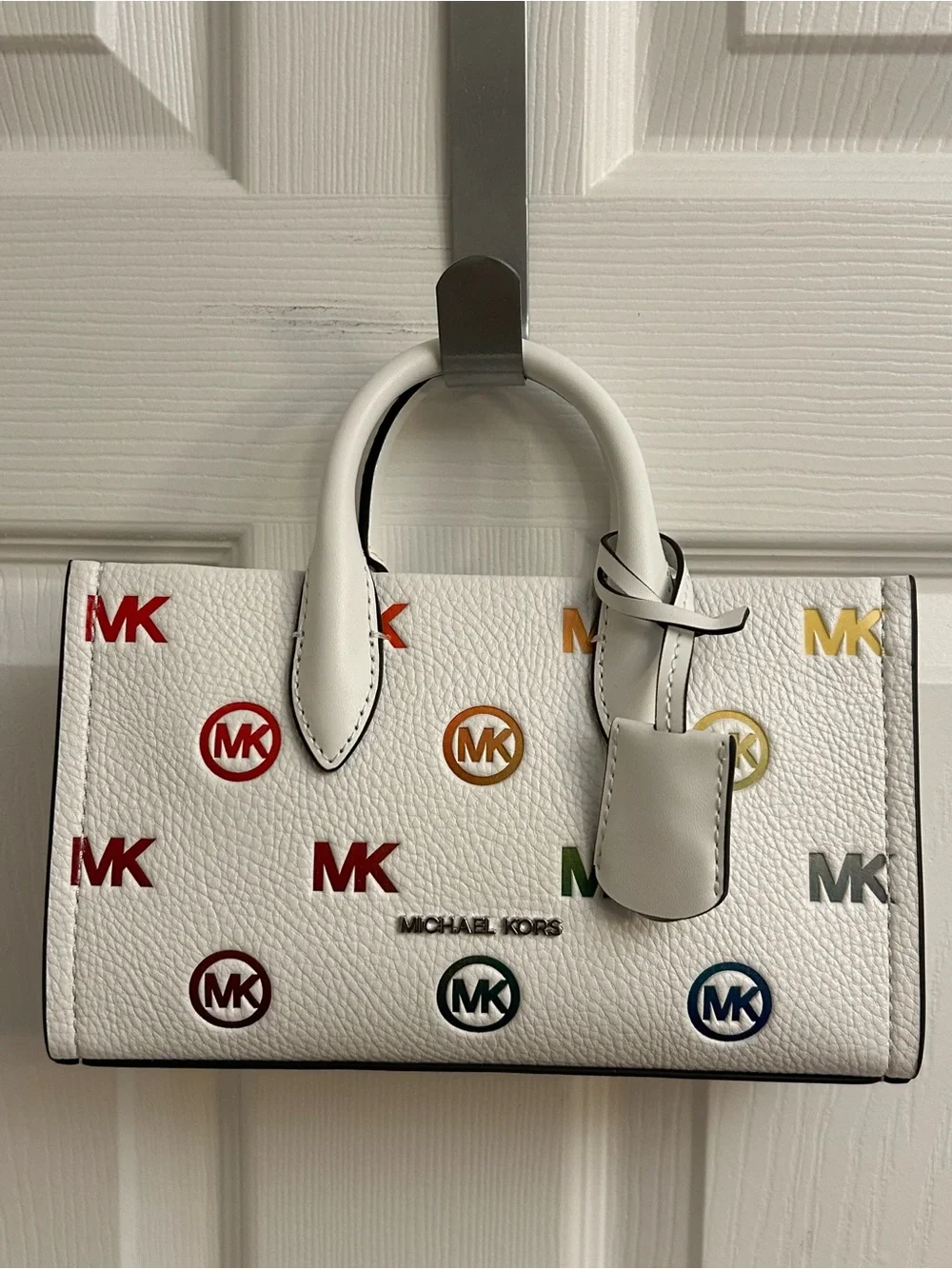 Michael Kors White Leather Satchel with Multicolor MK Accents